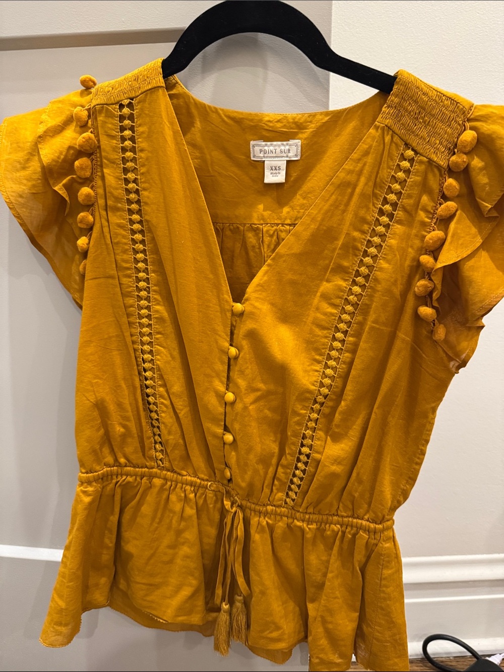 J. Crew Mustard Button-Front Pom Sleeve Peplum Top